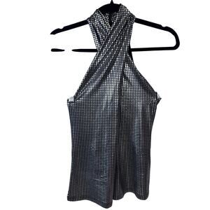 Shein Black Silver Metallic Crisscross Keyhole Halter Top Women’s Medium